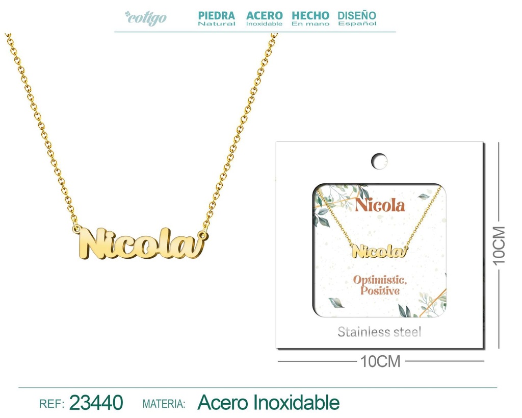 Collar de acero con nombre "Nicola" en inglés con sobre - Joyería personalizada