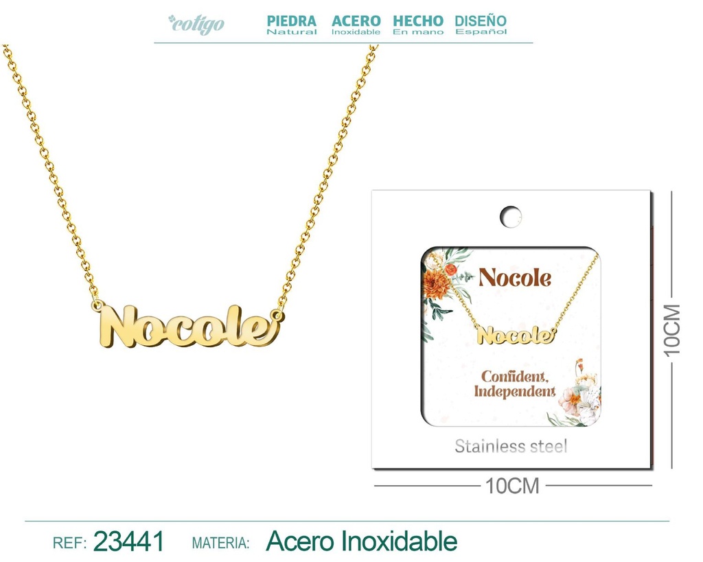 Collar de acero con nombre "Nicole" en inglés con sobre - Joyería personalizada