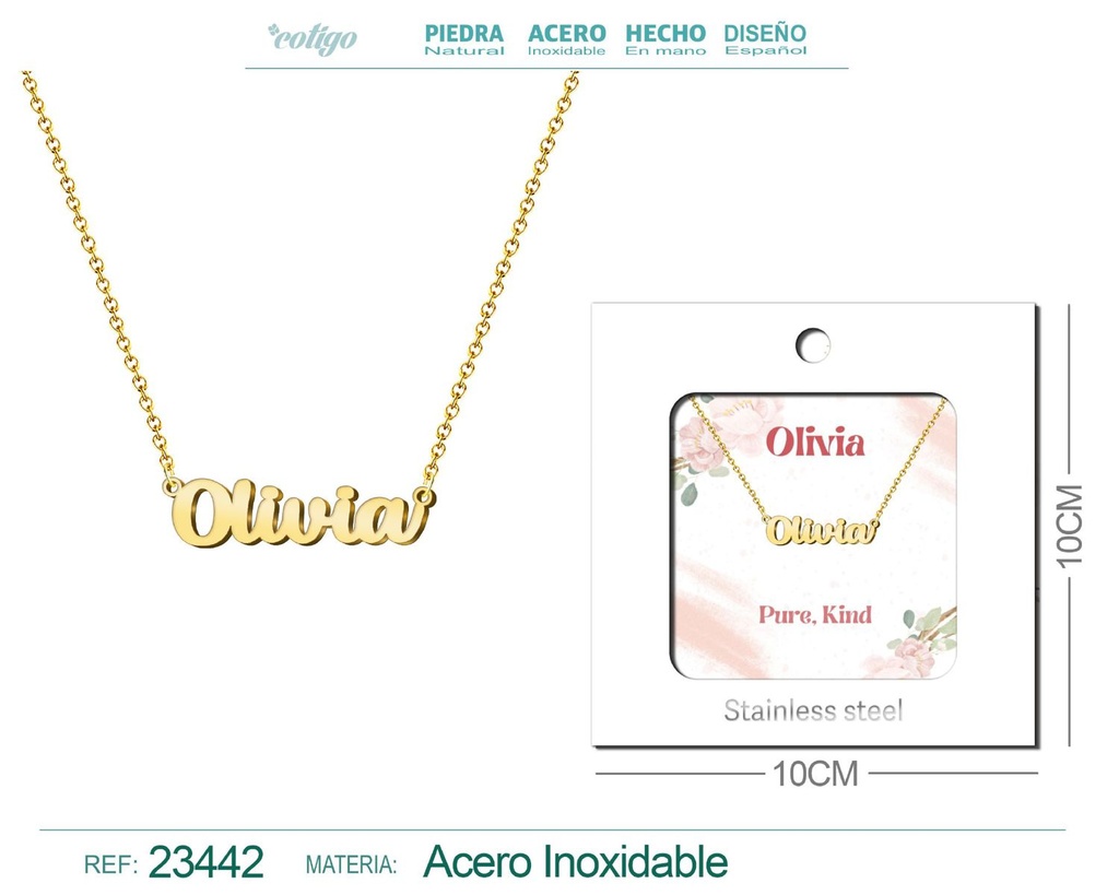 Collar de acero con nombre "Olivia" en inglés con sobre - Joyería personalizada