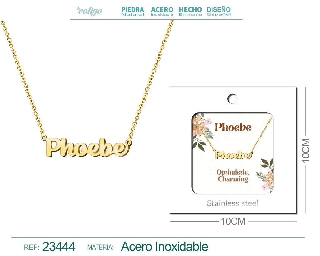 Collar de acero con nombre "Phoebe" en inglés con sobre - Joyería personalizada