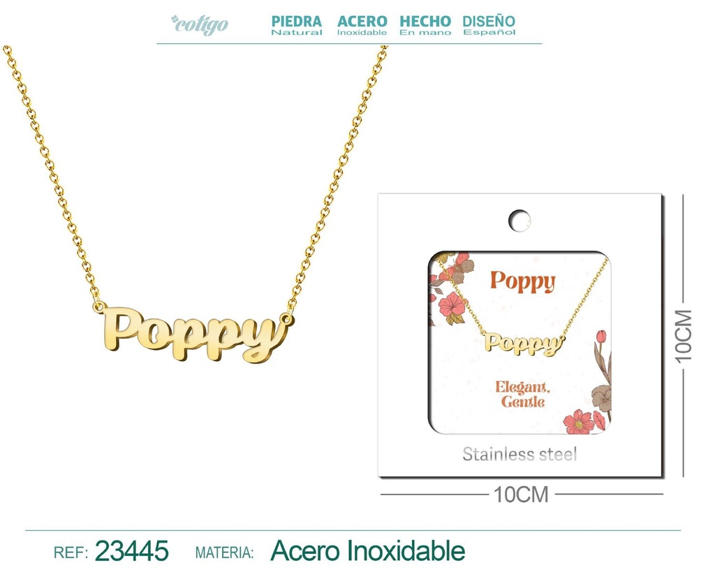 Collar de acero con nombre "Poppy" en inglés con sobre - Joyería personalizada