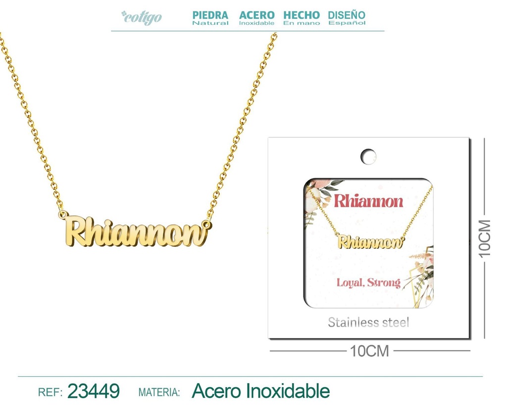 Collar de acero con nombre "Rhiannon" en inglés con sobre - Joyería personalizada