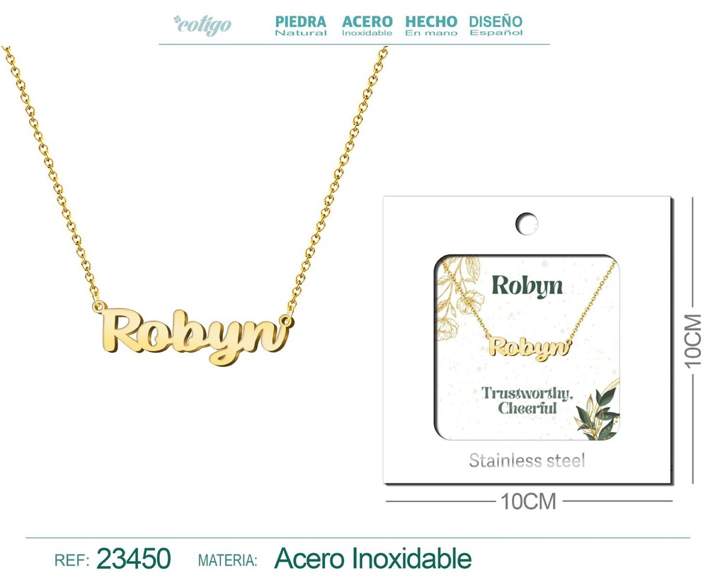 Collar de acero con nombre "Robyn" en inglés con sobre - Joyería personalizada