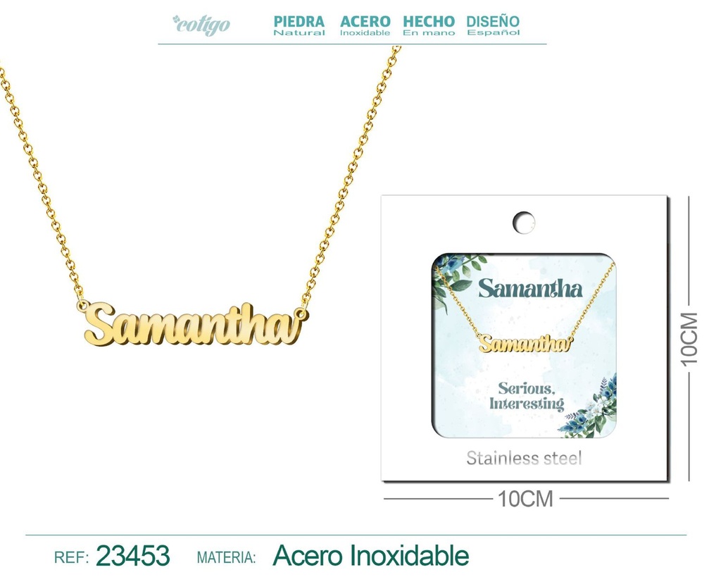 Collar de acero con nombre "Samantha" en inglés con sobre - Joyería personalizada