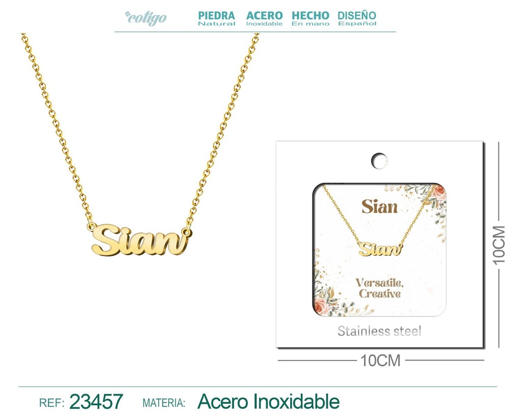 Collar de acero con nombre "Sian" en inglés con sobre - Joyería personalizada