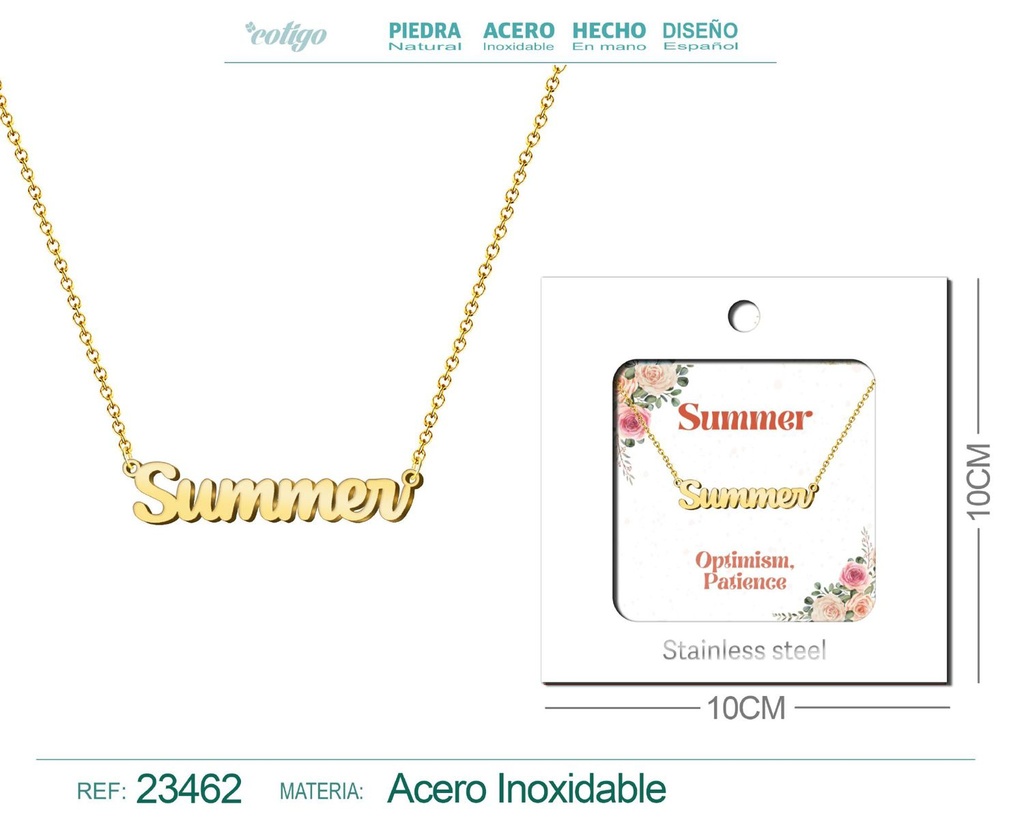 Collar de acero con nombre "Summer" en inglés con sobre - Joyería personalizada