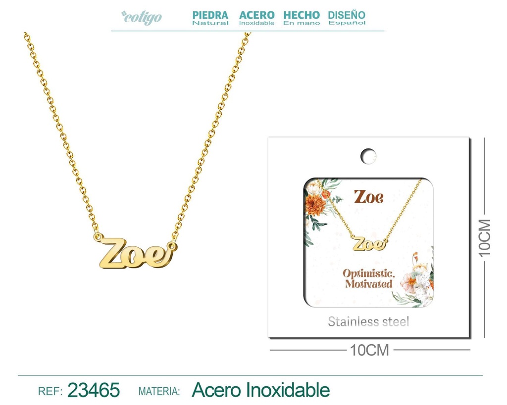 Collar de acero con nombre "Zoe" en inglés con sobre - Joyería personalizada