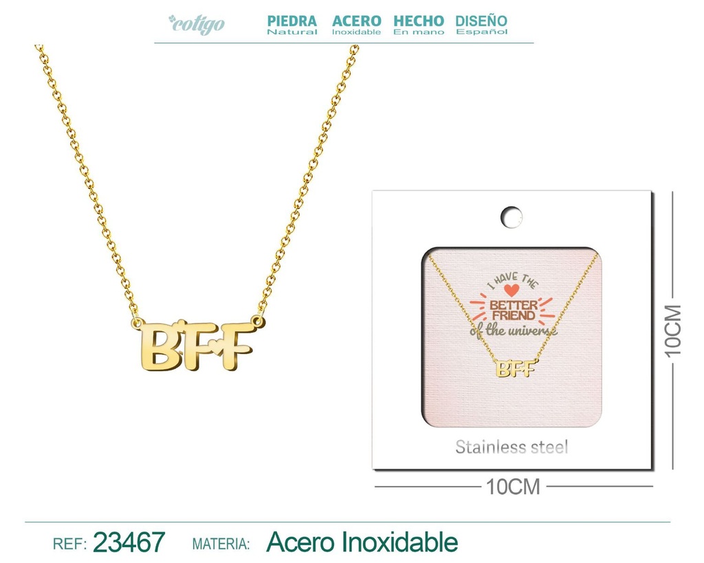 Collar de acero con el texto "BFF" en inglés y sobre - Joyería personalizada