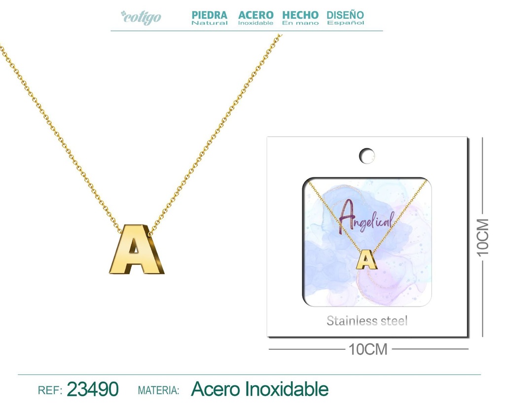 Collar de acero con letra "A" en inglés y sobre - Joyería personalizada
