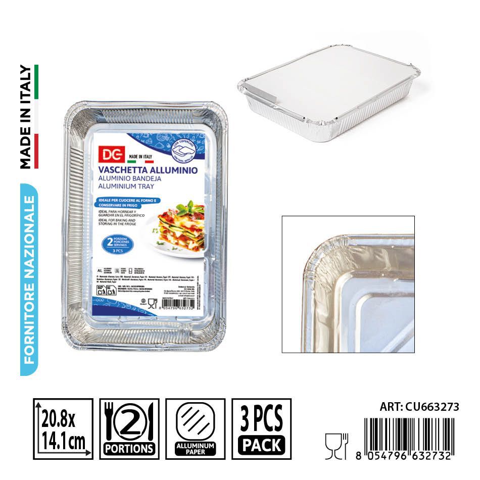 Bandeja de aluminio con tapa para 2 porciones - Set de 3 unidades