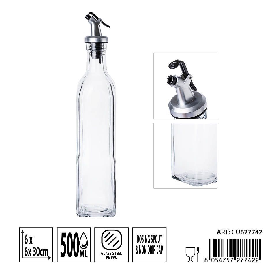 Aceitera de cristal con tapón 6x6x30 cm 500 ml - Botellas de vidrio para aceites