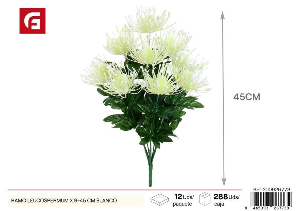 Ramo de leucospermum de 9 tallos de 45 cm en blanco - Flores artificiales decorativas