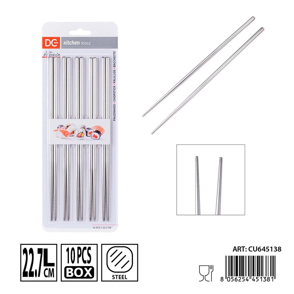 Palillos de acero 10 piezas 22.7 cm - Accesorios de cocina para sushi