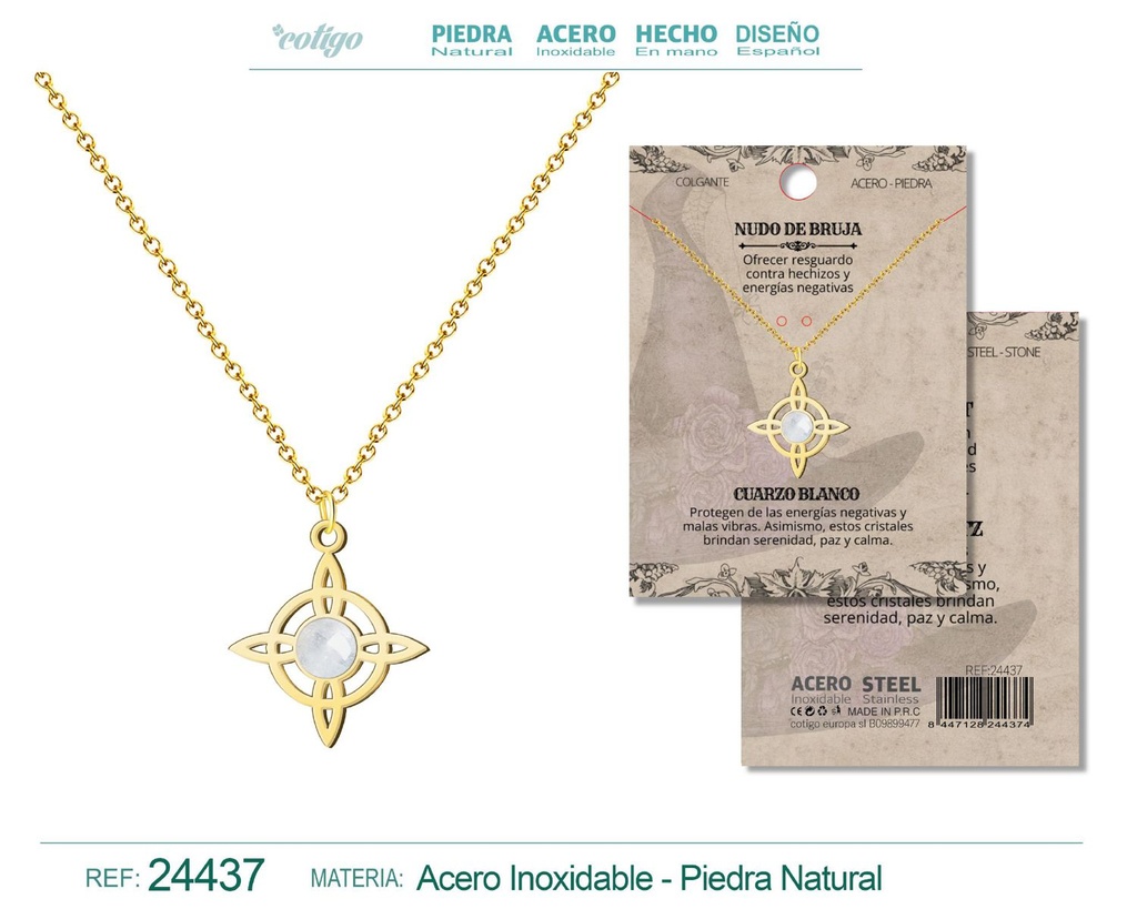 Colgante Nudo de Bruja Acero dorado con Cuarzo Blanco - Joyas y protección