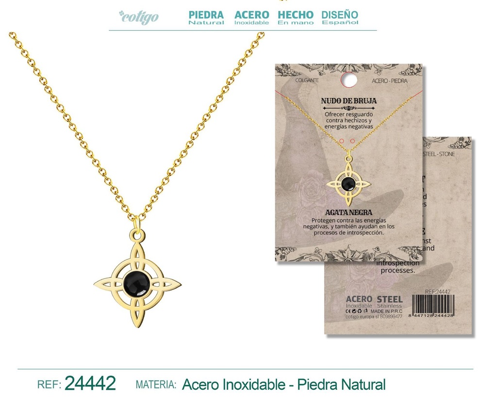 Colgante Nudo de Bruja Acero dorado con Ágata Negra - Joyas y protección