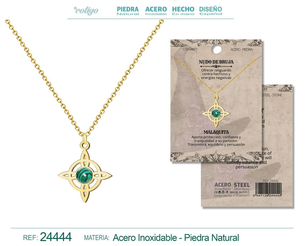 Colgante Nudo de Bruja Acero dorado con Malaquita - Joyas y protección