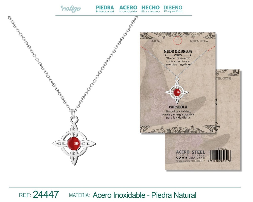 Colgante Nudo de Bruja Acero plateado con Carneola - Joyas y protección