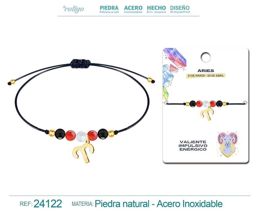 Pulsera de piedra natural con colgante Aries Acero dorado - Joyas zodiacales