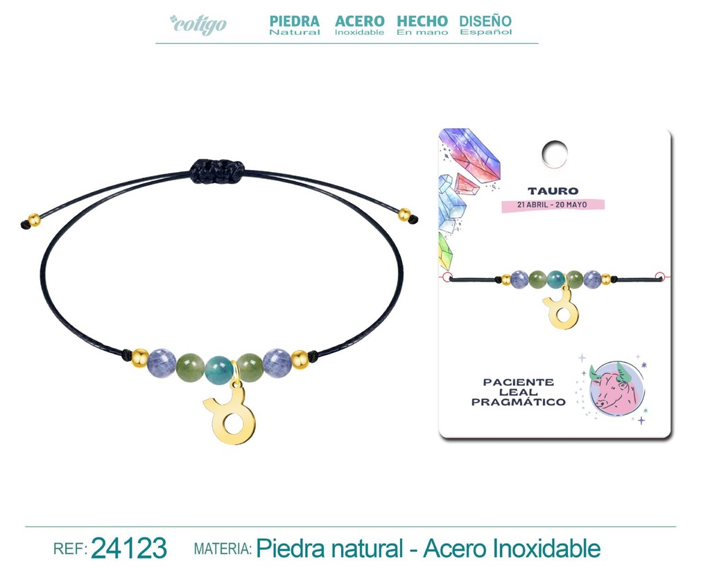 Pulsera de piedra natural con colgante Tauro en acero dorado - Joyería zodiacal
