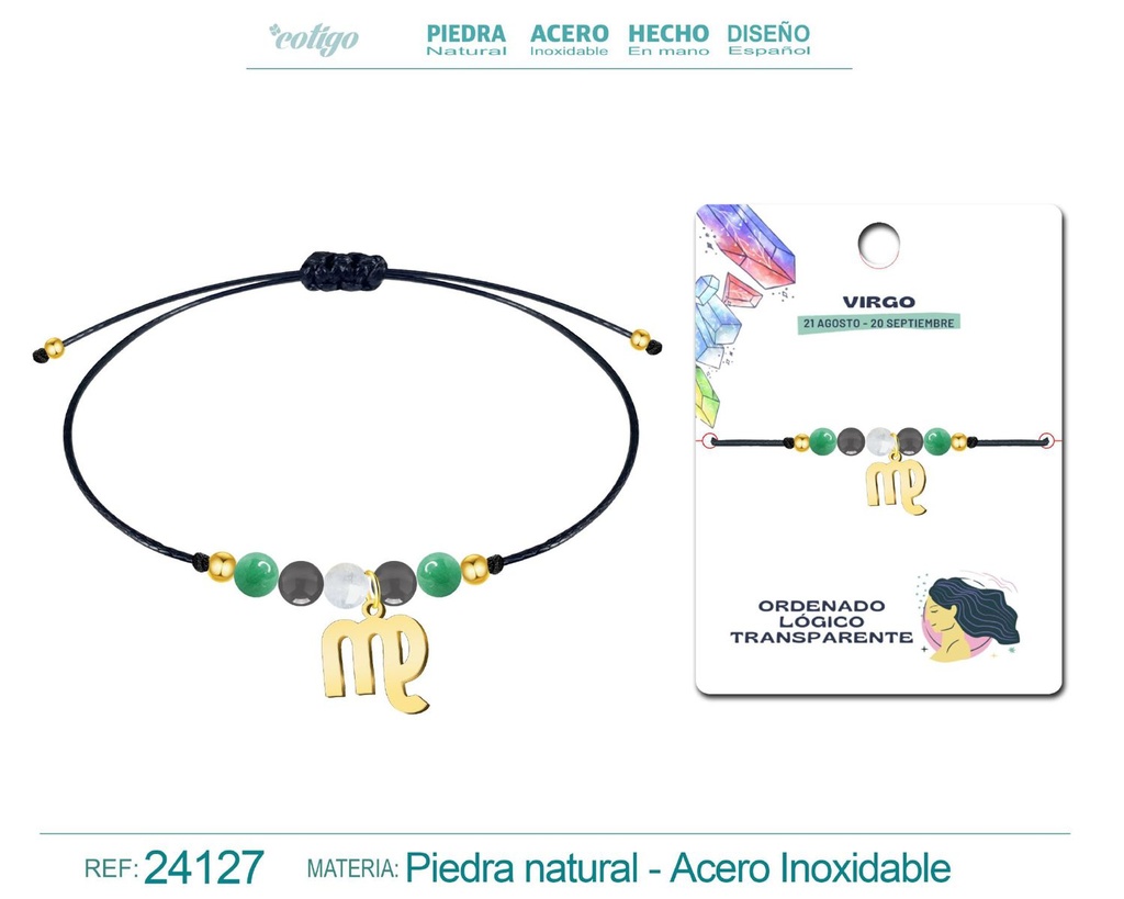 Pulsera de piedra natural con colgante Virgo en acero dorado - Joyería zodiacal