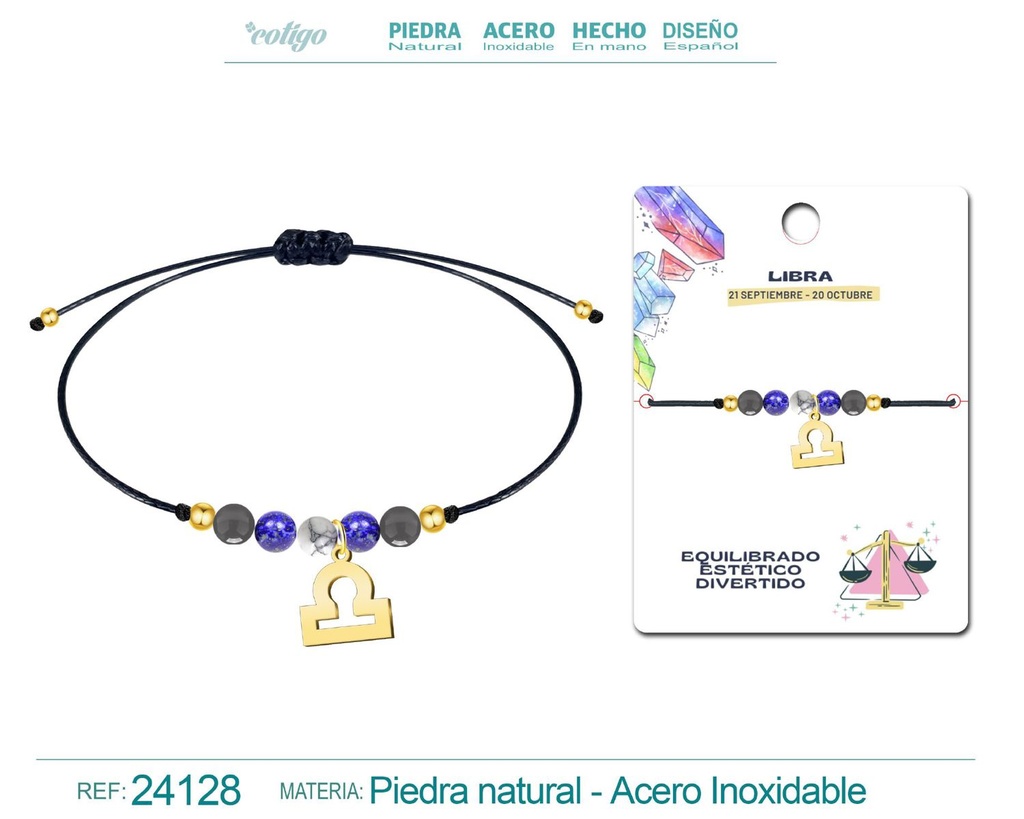 Pulsera de piedra natural con colgante Libra en acero dorado - Joyería zodiacal