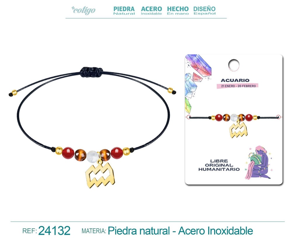 Pulsera de piedra natural con colgante Acuario en acero dorado - Joyería zodiacal