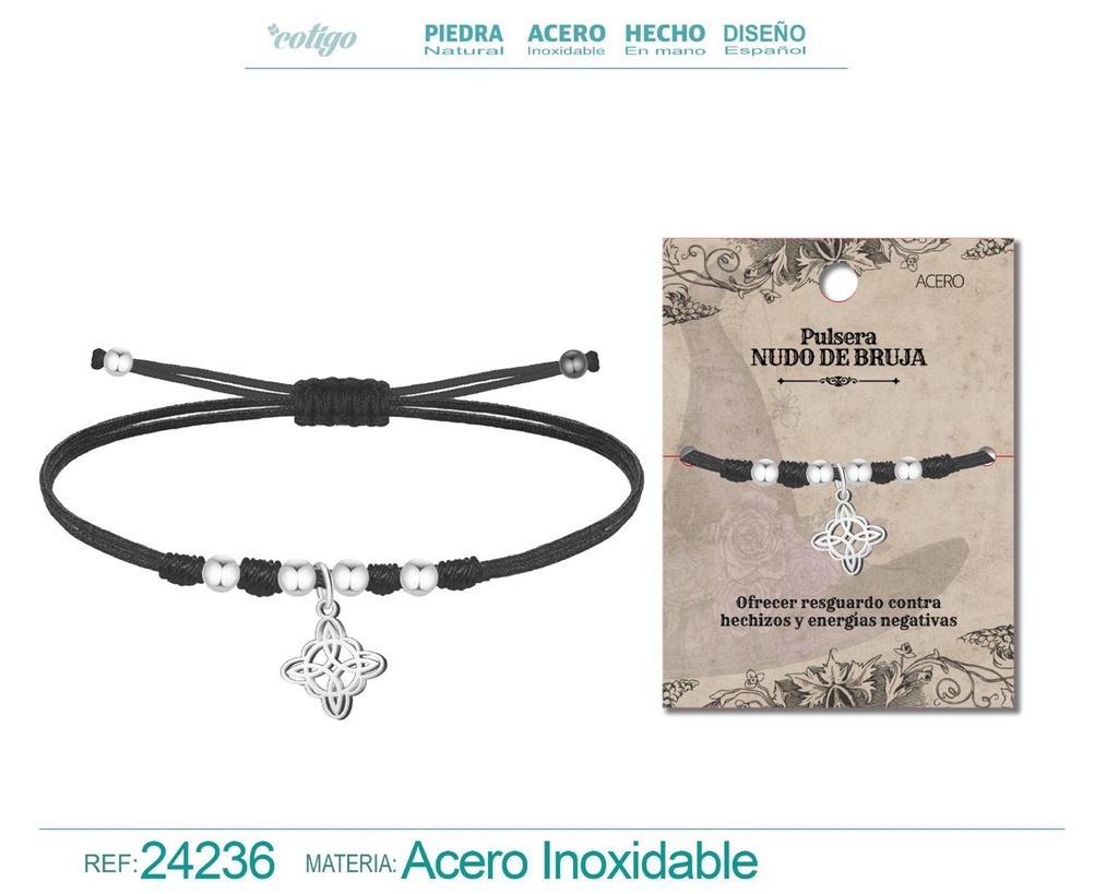 Pulsera hilo encerado con nudo de bruja de acero plateado - Accesorios de protección