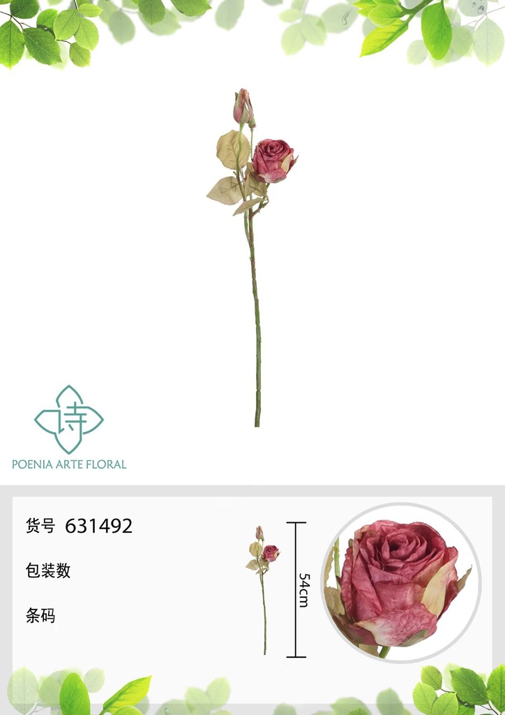 Rama de flores artificiales con 2 cabezas de rosa alemana de otoño 54 cm - Decoración floral