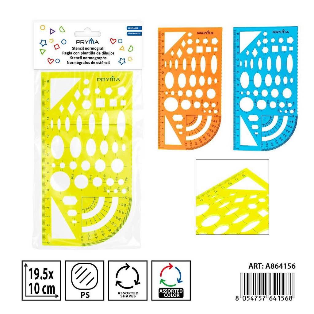 Regla con plantilla de dibujos 19.5x10cm - Herramienta de dibujo y escritura
