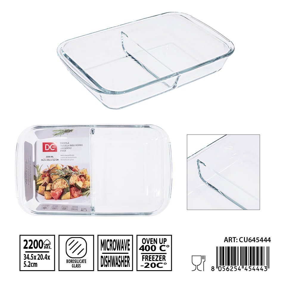 Bandeja de cristal doble compartimento 2.2L 34.5x20.4x5.2 cm - Utensilios de mesa y bandejas de cristal
