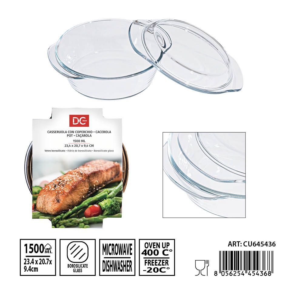 Cacerola de vidrio con tapa 1500 ml 23.4x20.7x9.4 cm - Utensilios de mesa y cacerolas de cristal