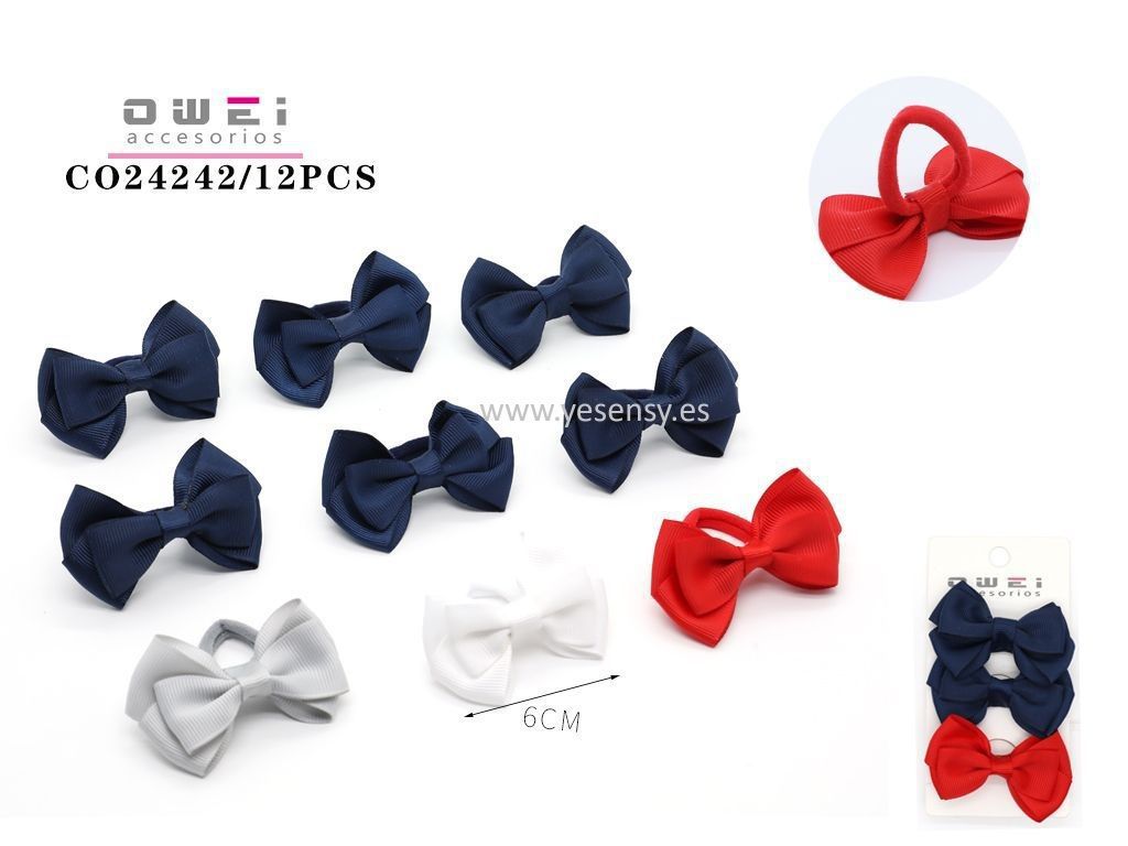 Pack de 3 gomas surtidas con lazo 6 cm 12 unidades - Accesorios para el cabello