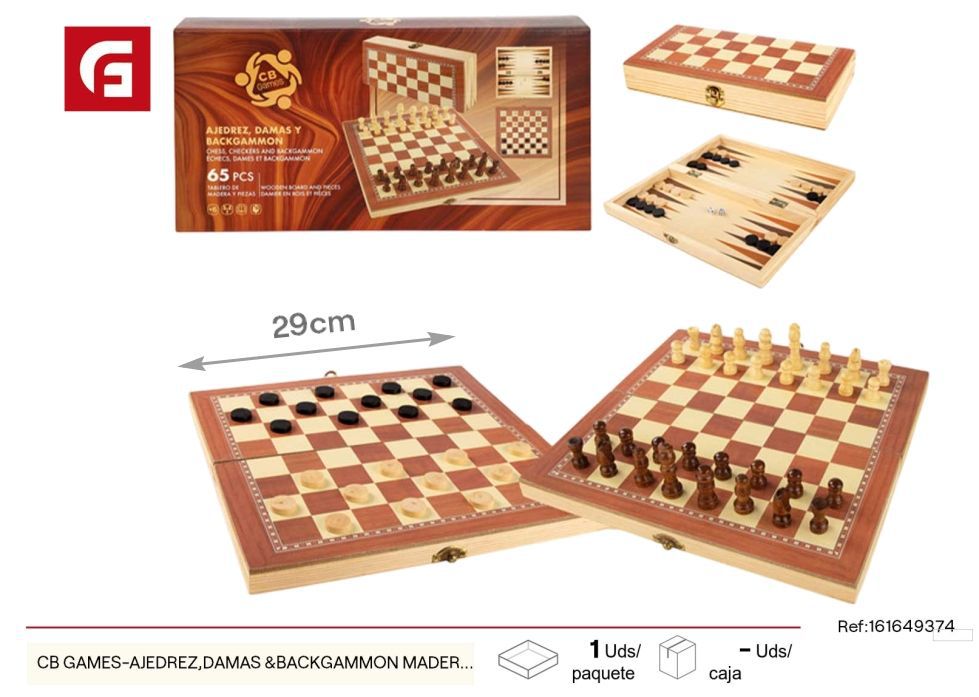 Ajedrez, damas y backgammon de madera CB Games 29x29.5cm - Juguetes de mesa