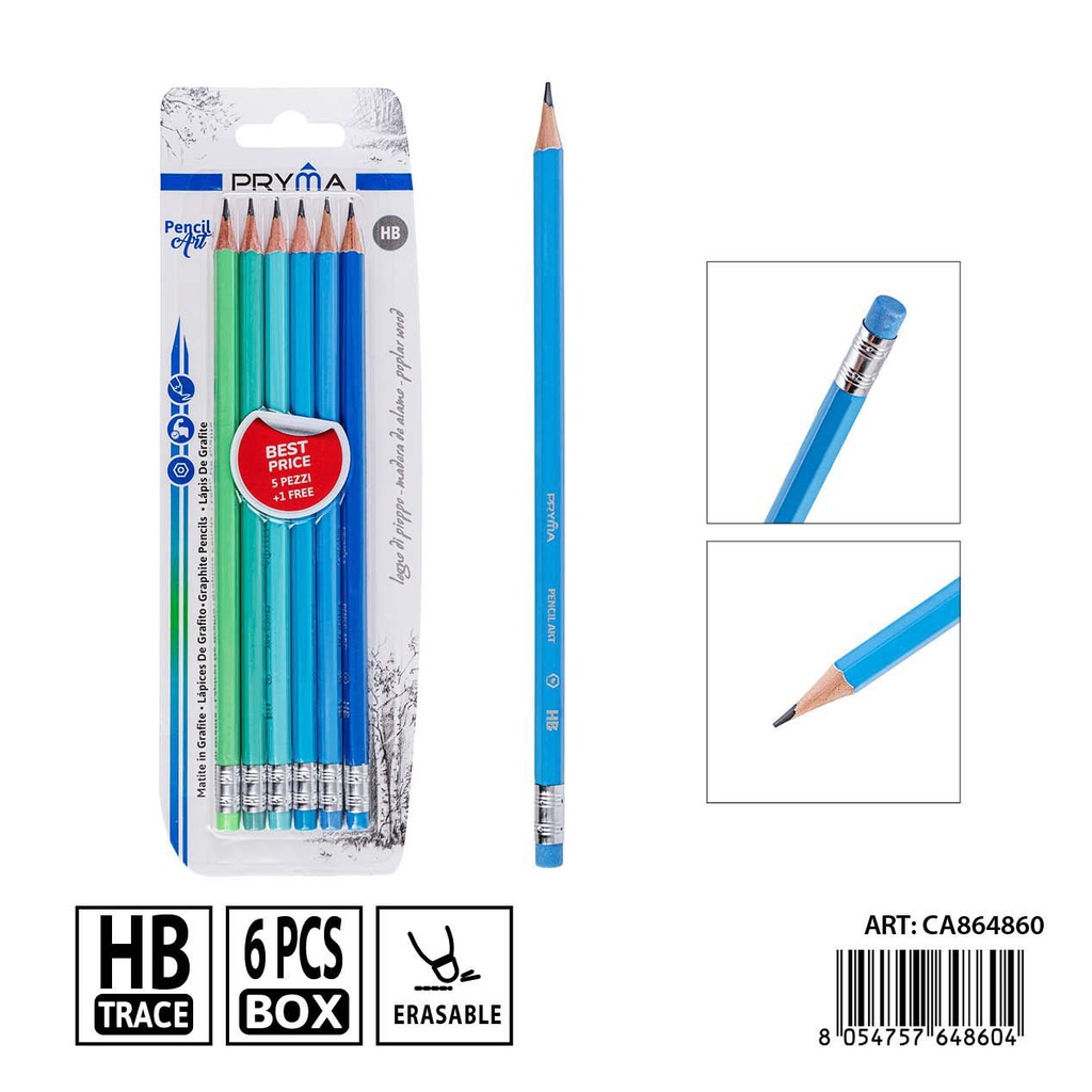 Lápiz de grafito con goma de borrar HB 5+1 unidades - Herramientas de escritura PRYMA