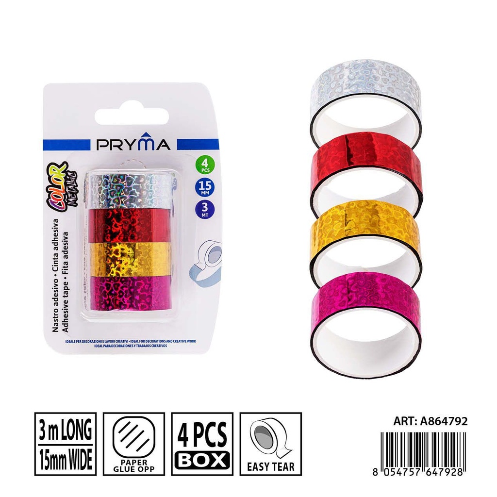 Cinta adhesiva decorativa con corazones 1.5 cm x 3 m 4 unidades - Materiales de oficina