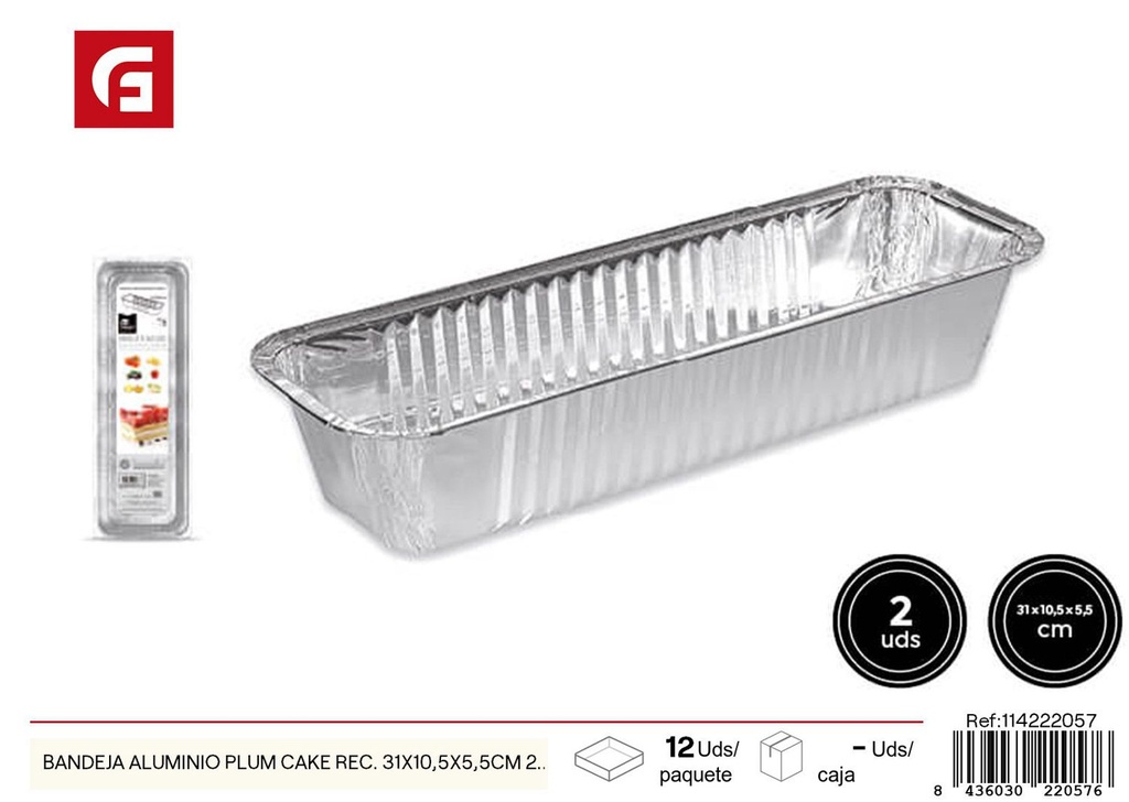 Bandeja de aluminio rectangular para plum cake 31x10.5x5.5 cm 2 unidades - Recipientes desechables