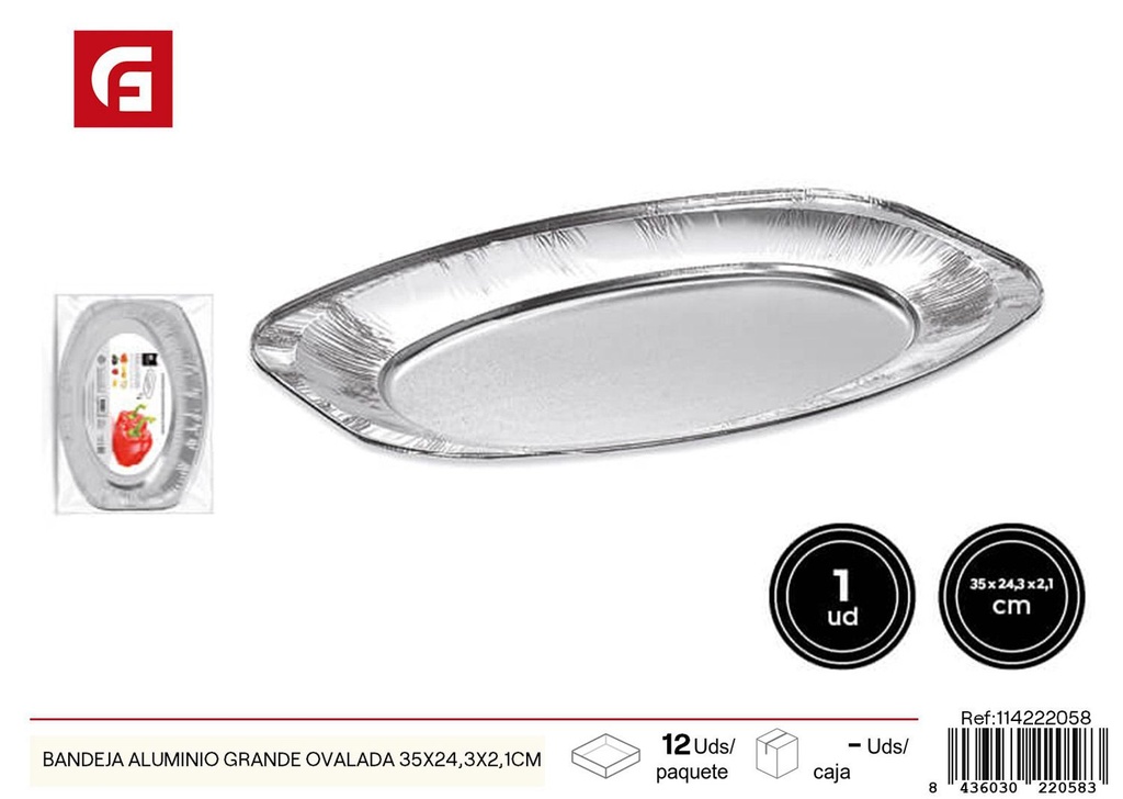Bandeja de aluminio ovalada grande 35x24.3x2.1 cm 1 unidad - Recipientes desechables
