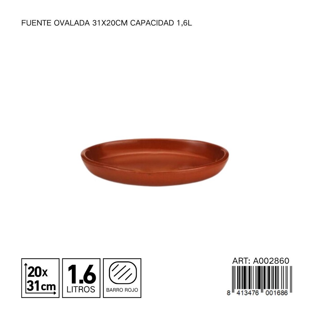 Fuente ovalada de barro 31x20 cm capacidad 1,6L - Utensilios de cocina y vajillas de barro
