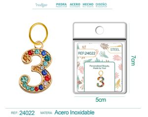 Charm de número 3 de acero dorado con circonita