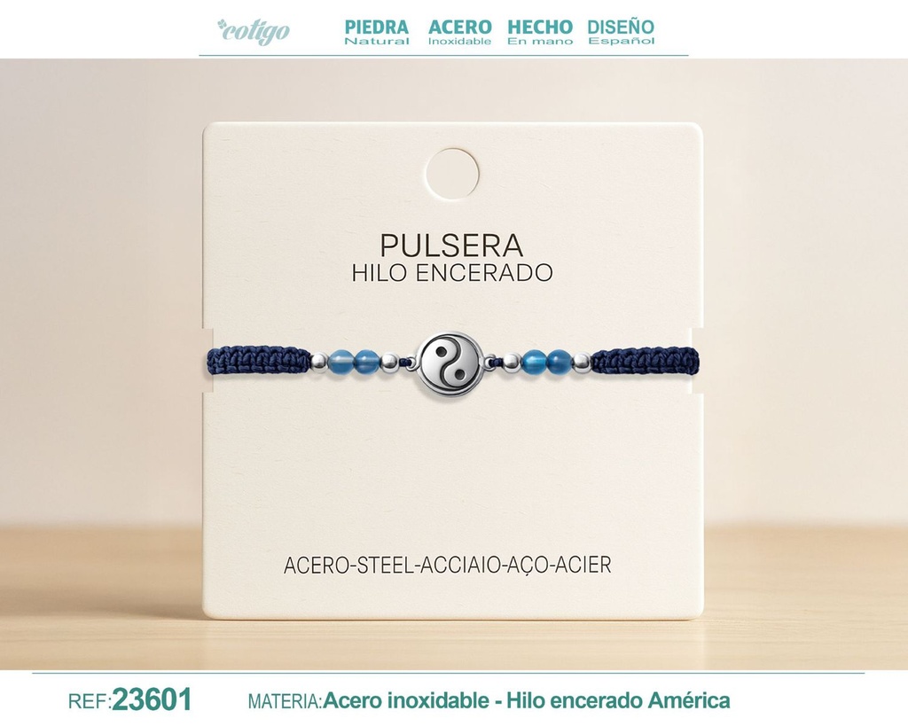 Pulsera de hilo encerado con ágata azul y símbolo Yinyang en acero - Joyería espiritual