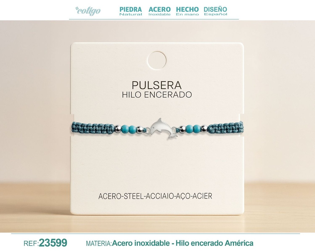 Pulsera de hilo encerado con turquesa y delfín de acero - Accesorios de moda