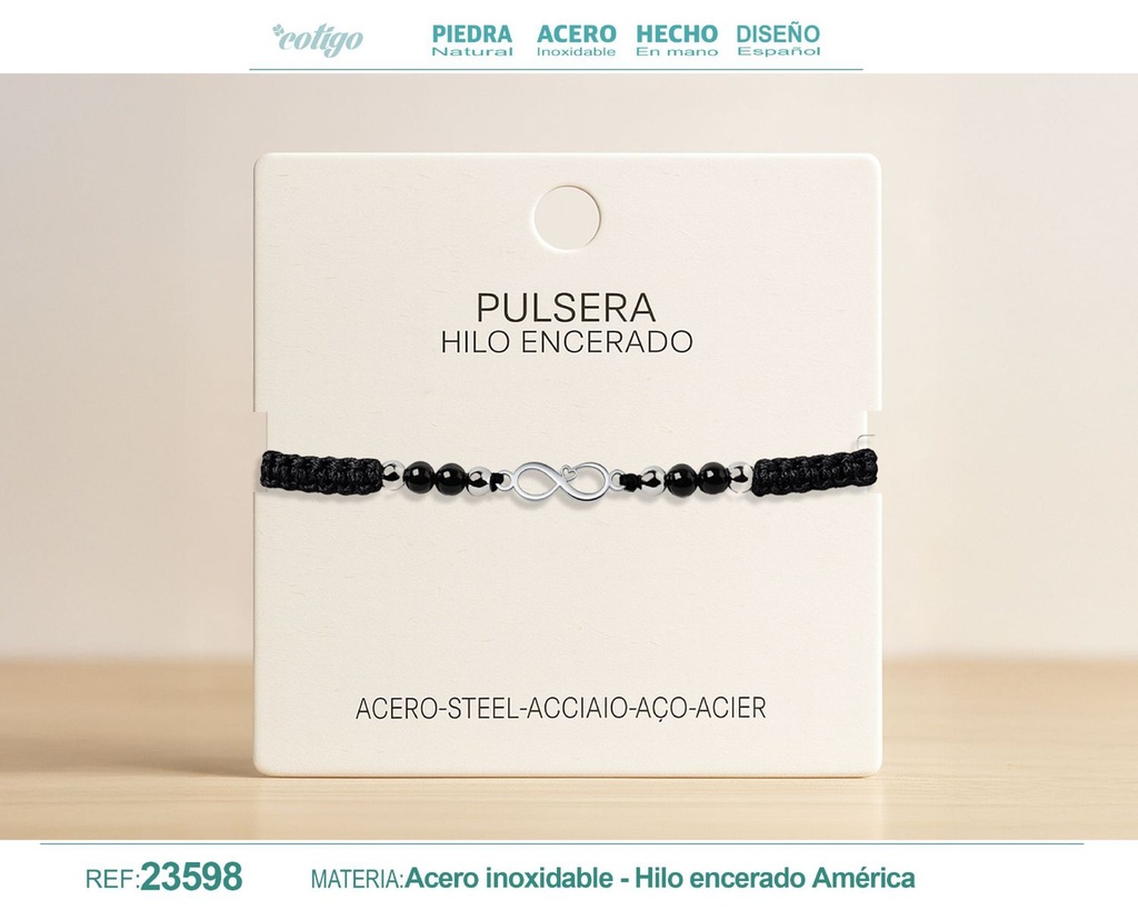 Pulsera de hilo encerado con ágata negra y oso de acero - Joyería única