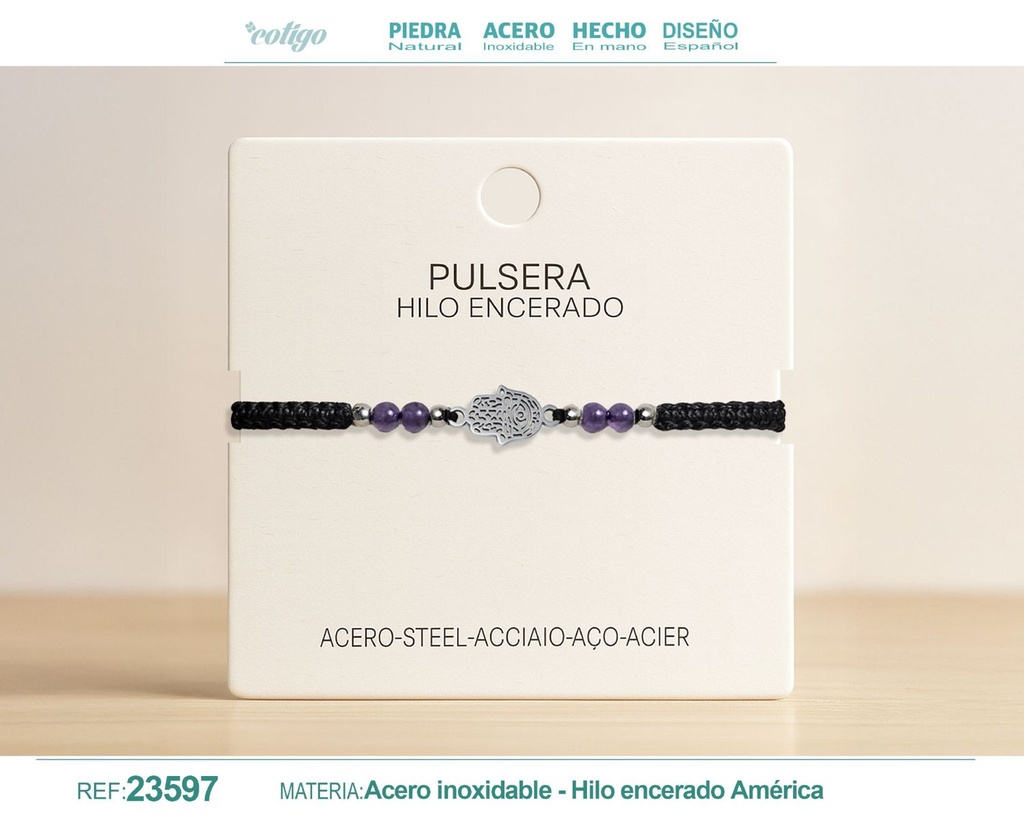 Pulsera de hilo encerado con amatista y mano de Fátima en acero - Joyería espiritual