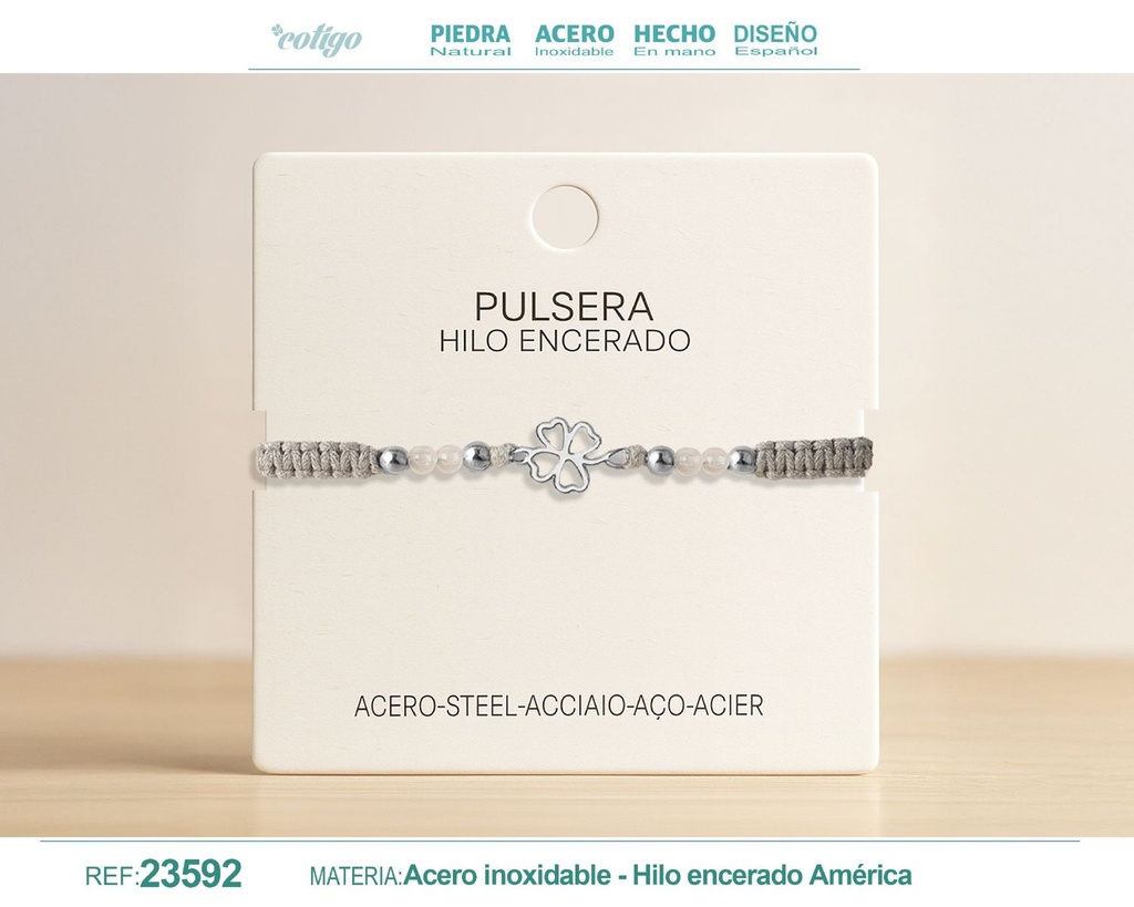 Pulsera de hilo encerado con cuarzo blanco y trébol de la suerte en acero - Joyería de la fortuna