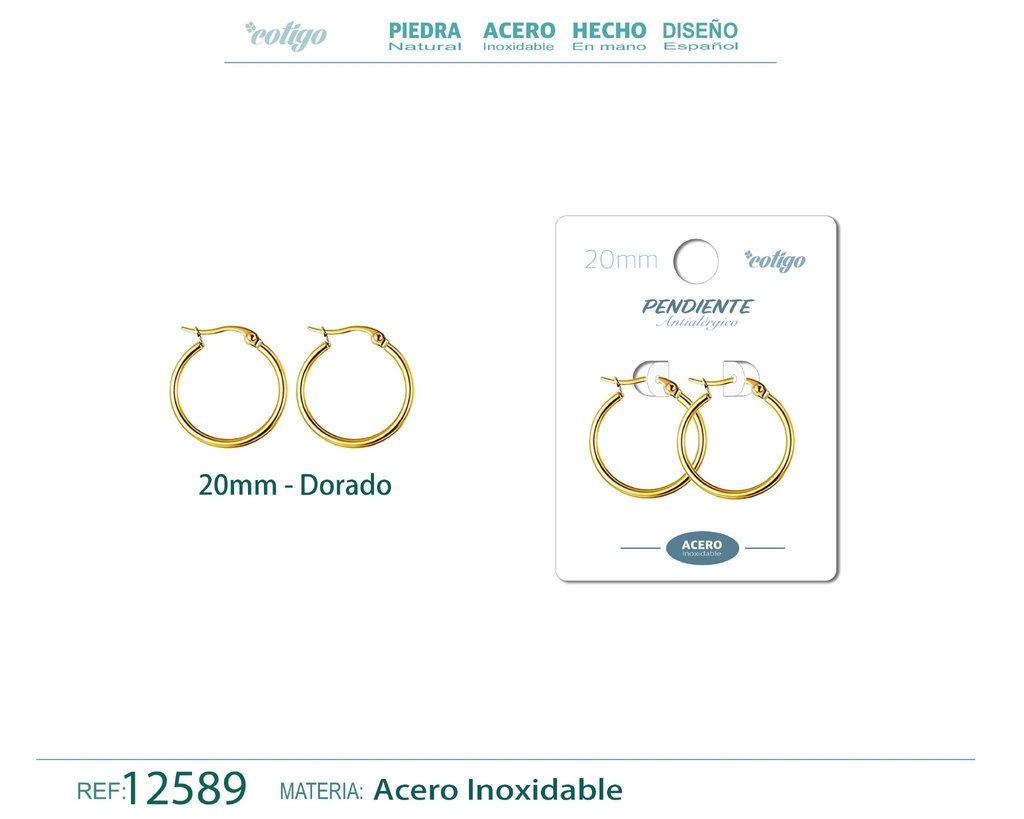 Pendiente aro de acero dorado de 20 mm - Joyería de acero