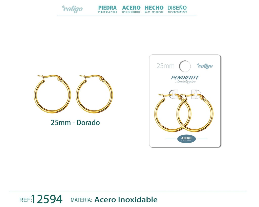Pendiente aro de acero dorado de 25 mm - Joyería de acero