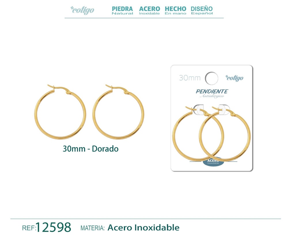 Pendiente aro de acero dorado de 30 mm - Joyería de acero