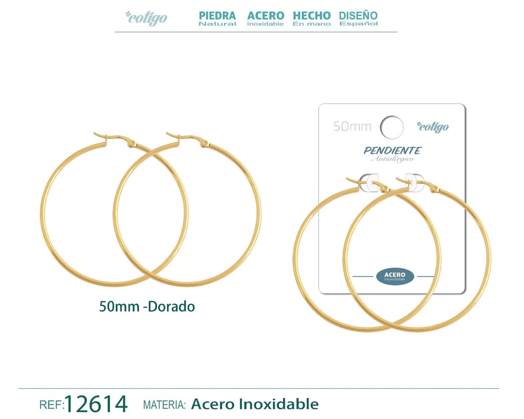 Pendiente aro de acero dorado de 50 mm - Joyería de acero