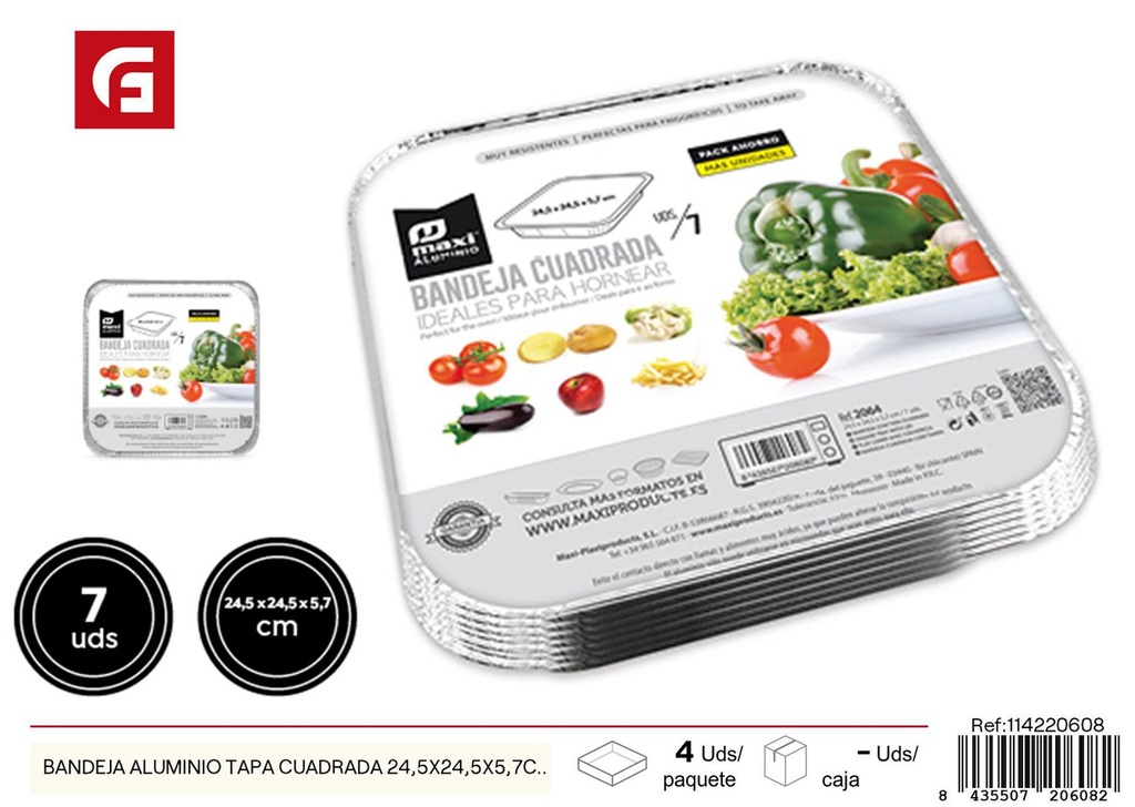 Bandeja aluminio tapa cuadrada 24.5x24.5x5.7 cm 7 ud - Recipientes de aluminio desechables