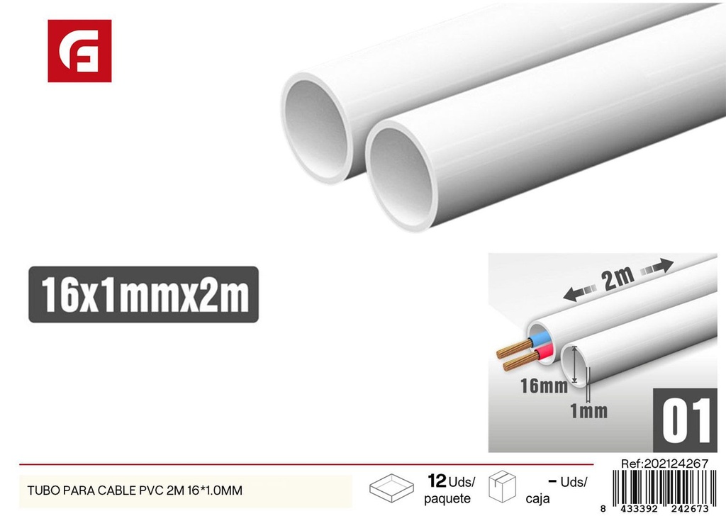 Tubo para cable PVC 2m 16*1.0mm - Accesorios de ferretería y canaletas